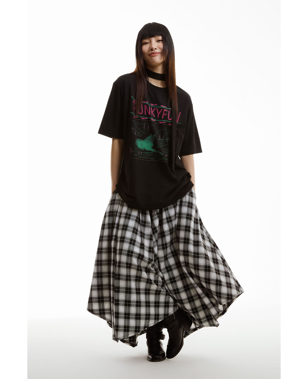 Retro Black and White Checkered Wide Culottes [ID:0156SK]