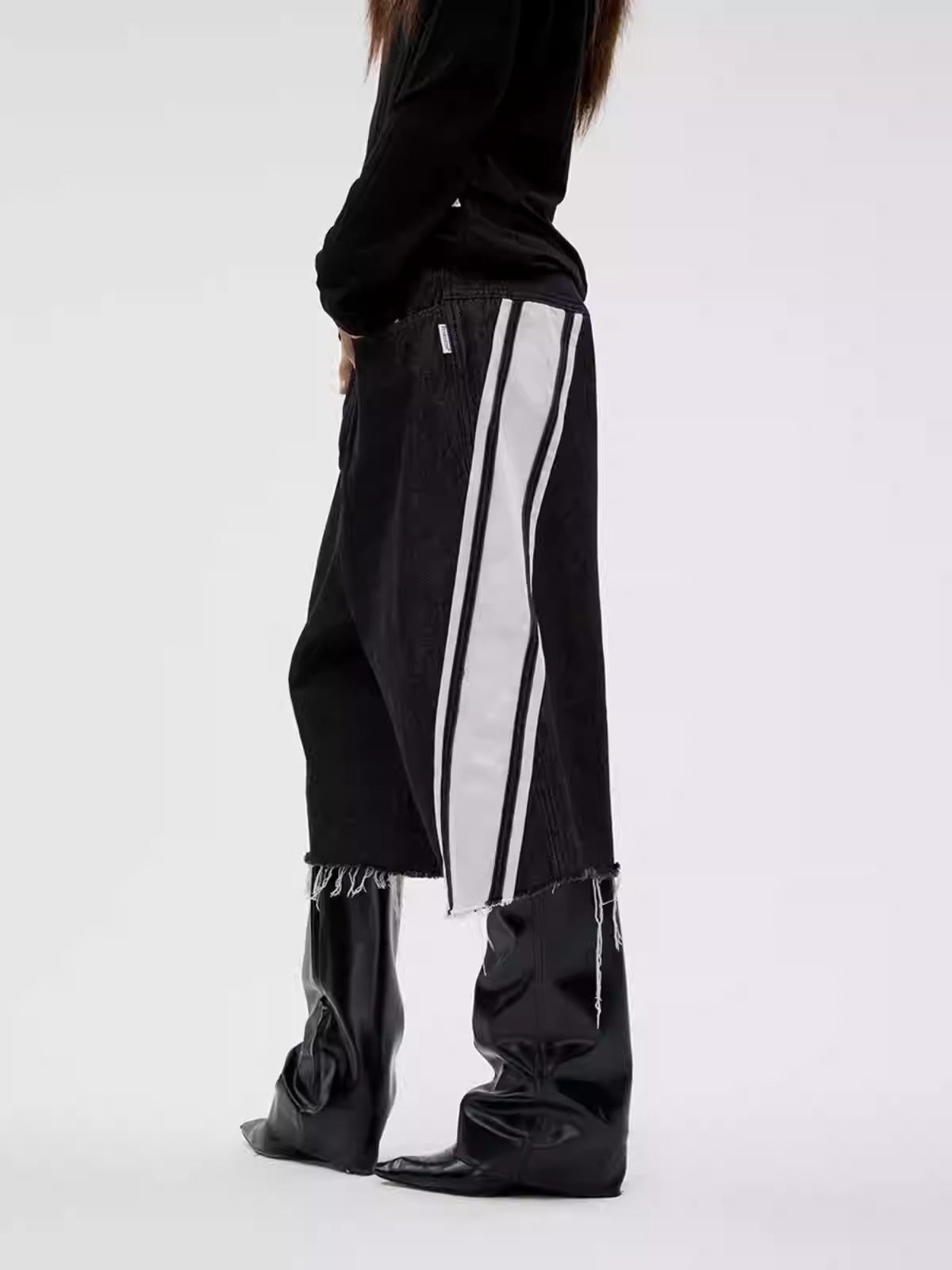 Original Color Wide Diagonal Stripe Frayed Cropped Jeans [ID:0158PA]