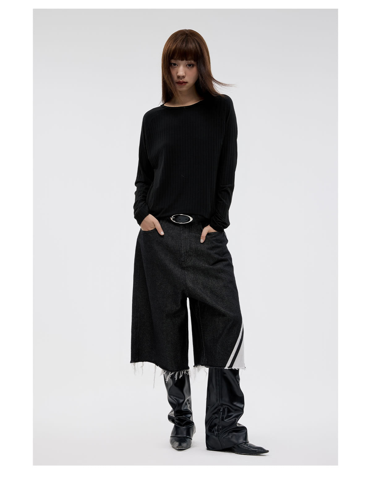 Original Color Wide Diagonal Stripe Frayed Cropped Jeans [ID:0158PA]