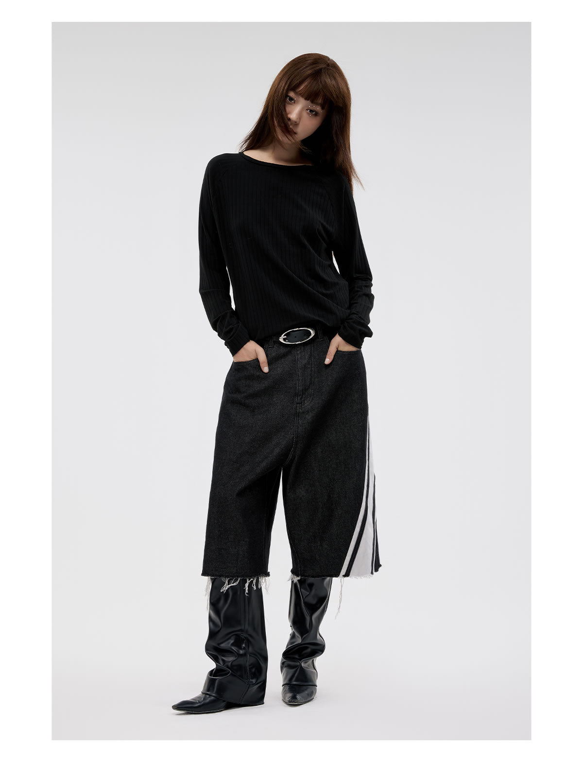 Original Color Wide Diagonal Stripe Frayed Cropped Jeans [ID:0158PA]