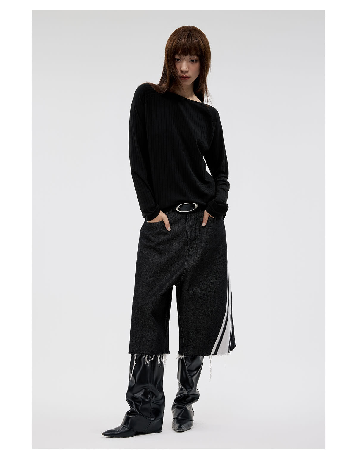 Original Color Wide Diagonal Stripe Frayed Cropped Jeans [ID:0158PA]