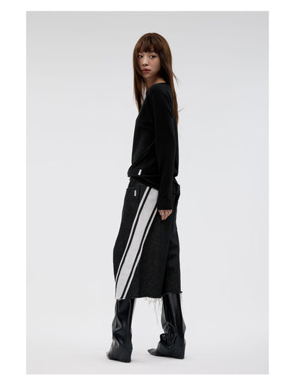 Original Color Wide Diagonal Stripe Frayed Cropped Jeans [ID:0158PA]