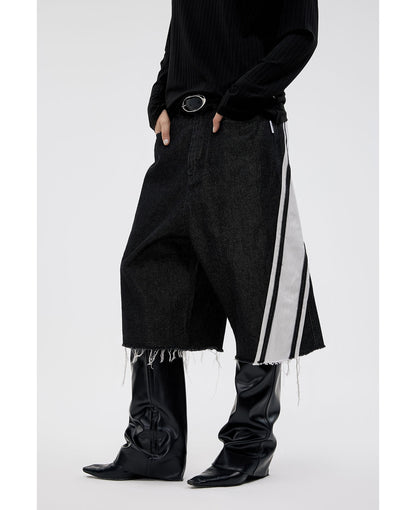 Original Color Wide Diagonal Stripe Frayed Cropped Jeans [ID:0158PA]