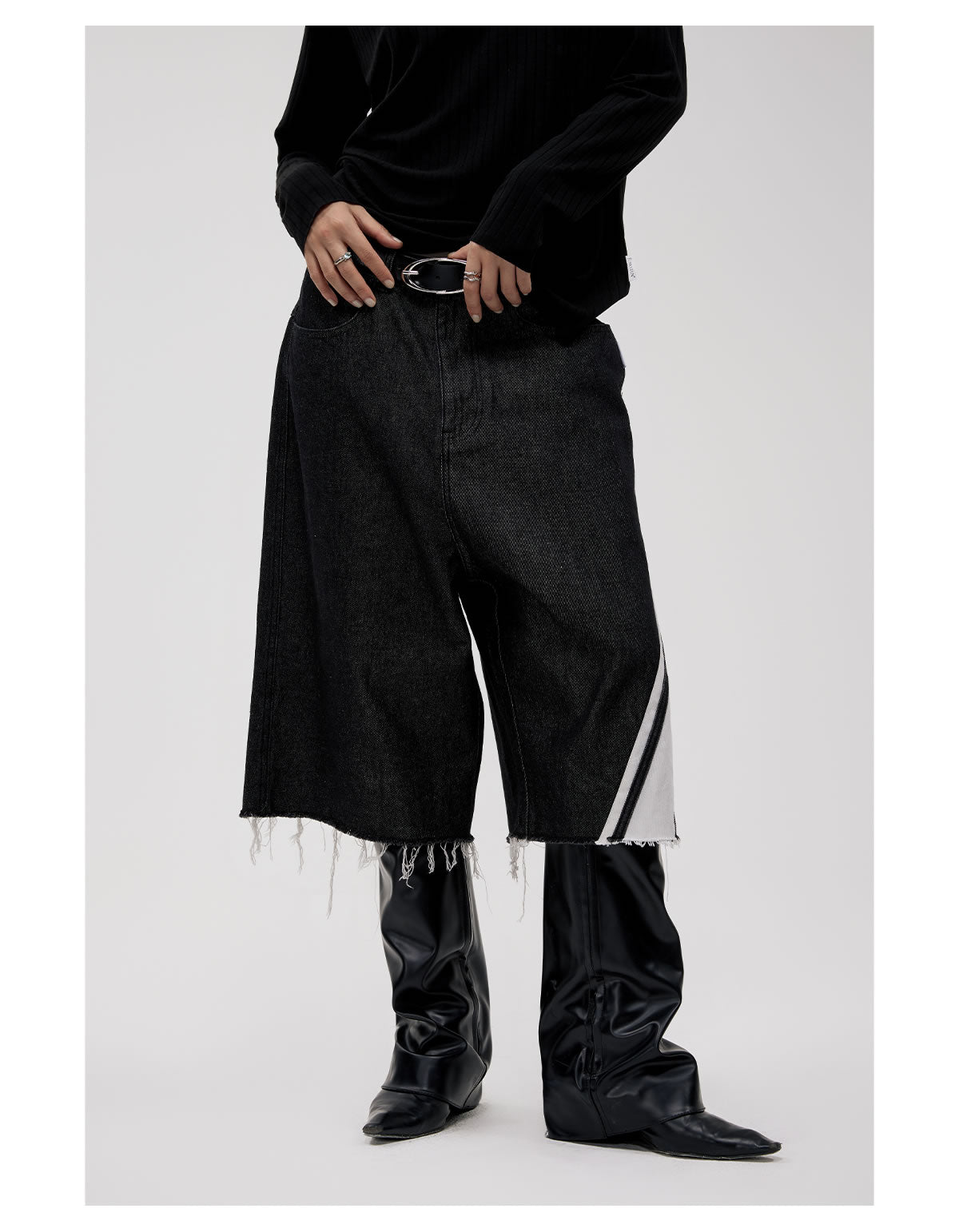 Original Color Wide Diagonal Stripe Frayed Cropped Jeans [ID:0158PA]