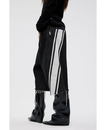 Original Color Wide Diagonal Stripe Frayed Cropped Jeans [ID:0158PA]