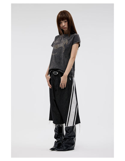 Original Color Wide Diagonal Stripe Frayed Cropped Jeans [ID:0158PA]