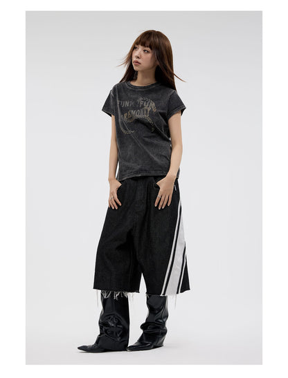 Original Color Wide Diagonal Stripe Frayed Cropped Jeans [ID:0158PA]