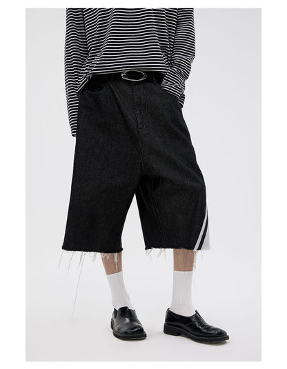 Original Color Wide Diagonal Stripe Frayed Cropped Jeans [ID:0158PA]