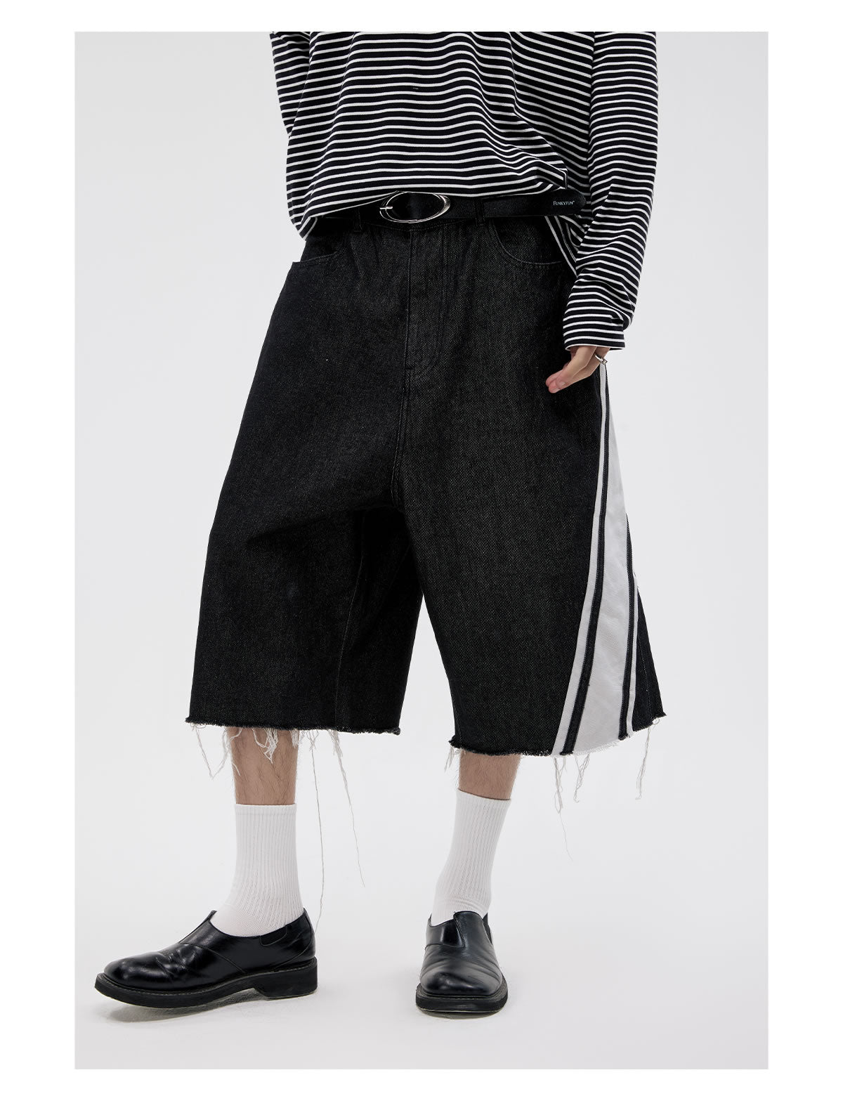 Original Color Wide Diagonal Stripe Frayed Cropped Jeans [ID:0158PA]