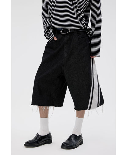 Original Color Wide Diagonal Stripe Frayed Cropped Jeans [ID:0158PA]