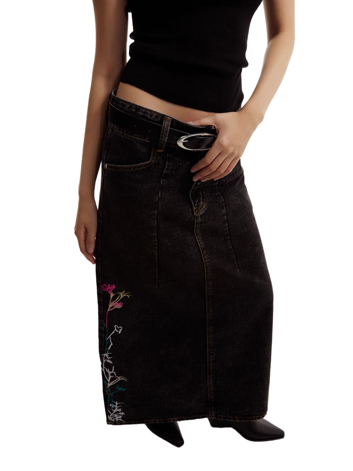 Floral Embroidered Washed Distressed Black Gray Denim Skirt [ID:0159SK]