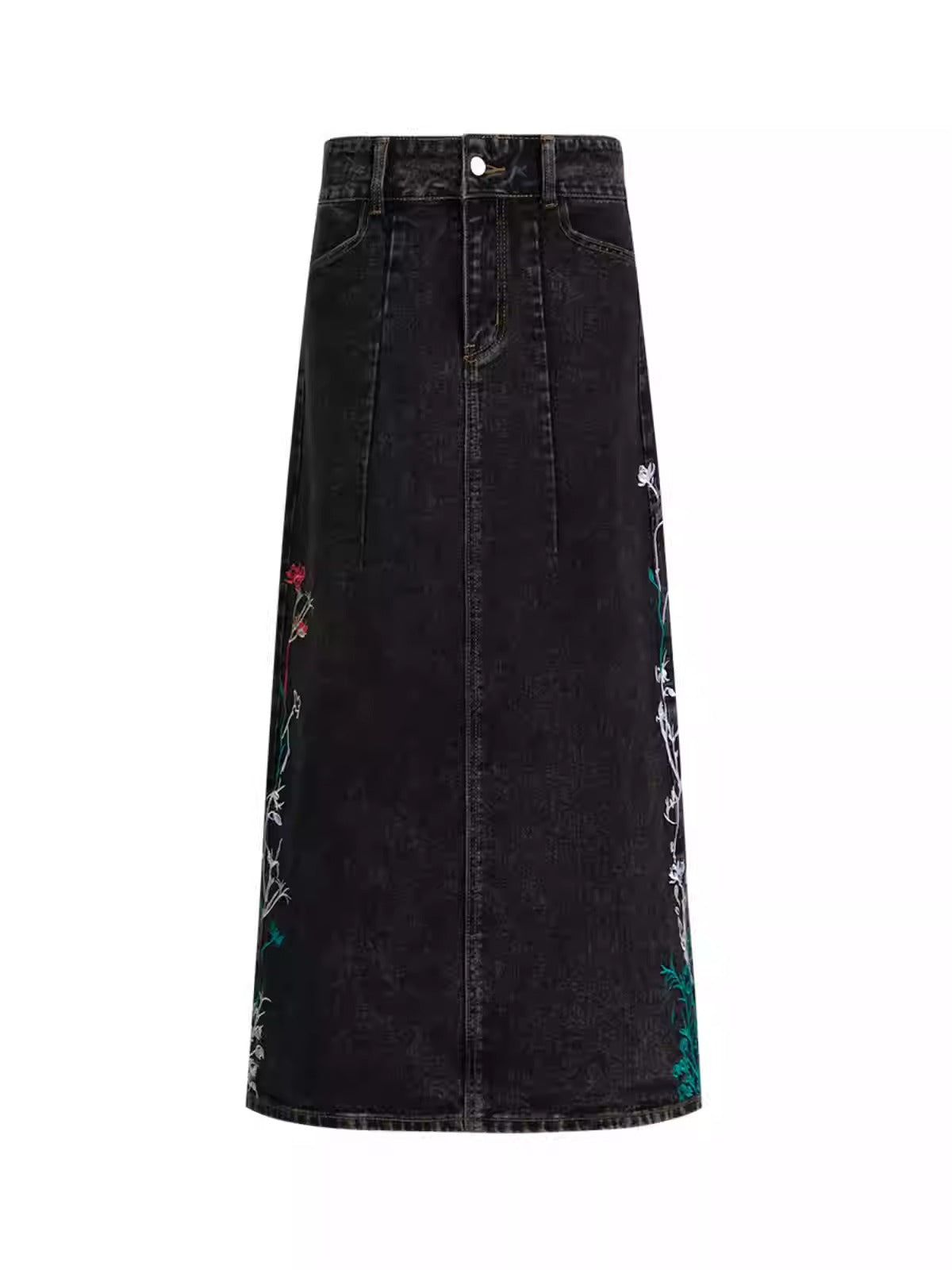 Floral Embroidered Washed Distressed Black Gray Denim Skirt [ID:0159SK]