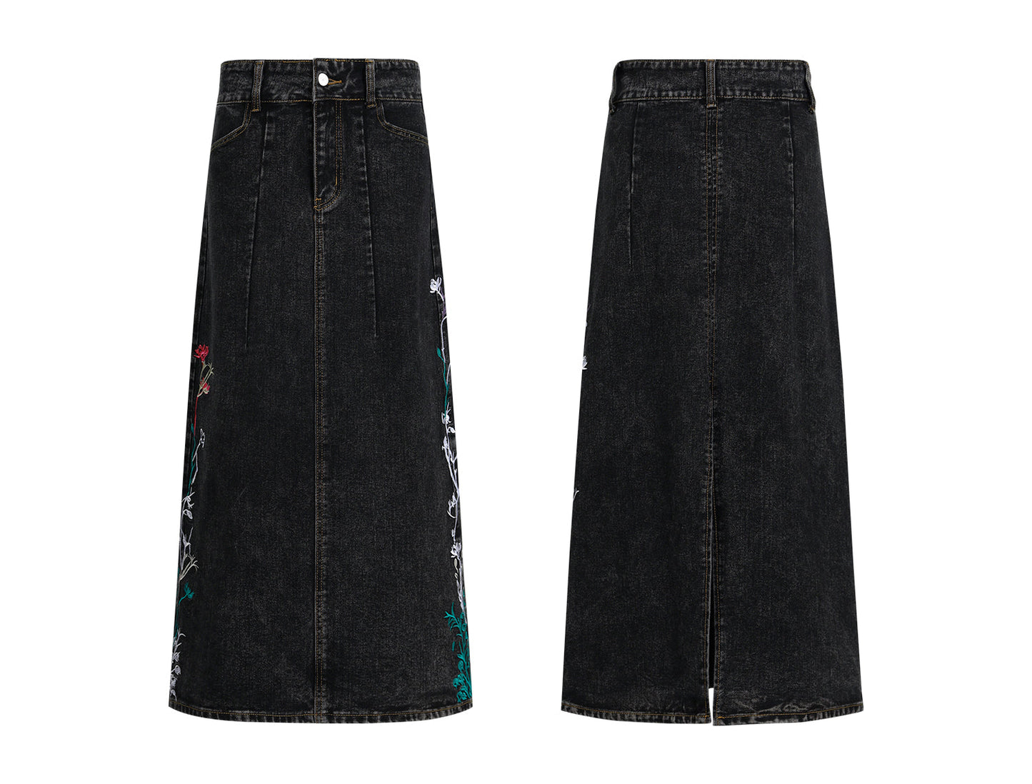 Floral Embroidered Washed Distressed Black Gray Denim Skirt [ID:0159SK]