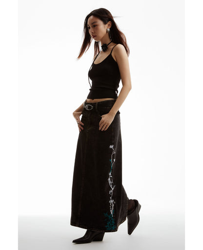 Floral Embroidered Washed Distressed Black Gray Denim Skirt [ID:0159SK]