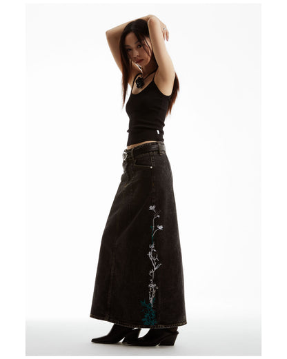 Floral Embroidered Washed Distressed Black Gray Denim Skirt [ID:0159SK]