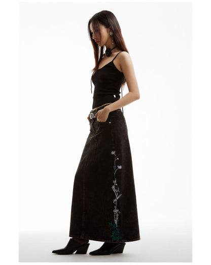 Floral Embroidered Washed Distressed Black Gray Denim Skirt [ID:0159SK]