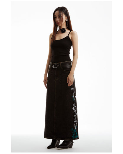 Floral Embroidered Washed Distressed Black Gray Denim Skirt [ID:0159SK]