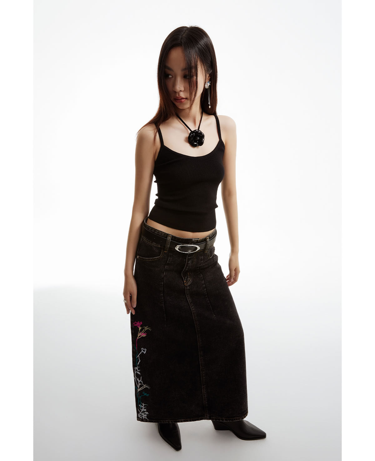 Floral Embroidered Washed Distressed Black Gray Denim Skirt [ID:0159SK]