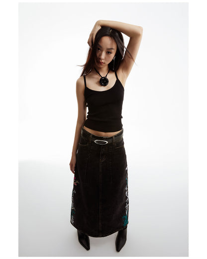 Floral Embroidered Washed Distressed Black Gray Denim Skirt [ID:0159SK]