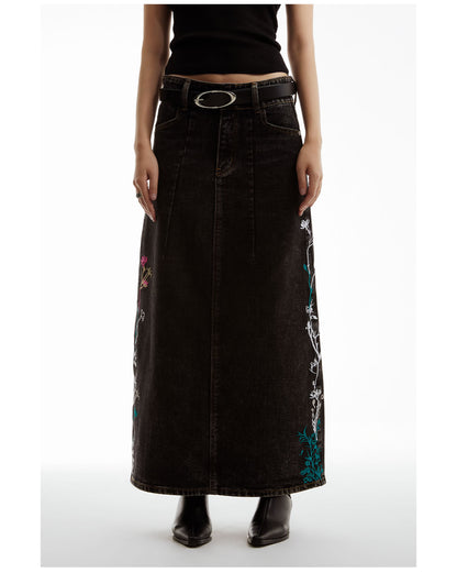 Floral Embroidered Washed Distressed Black Gray Denim Skirt [ID:0159SK]