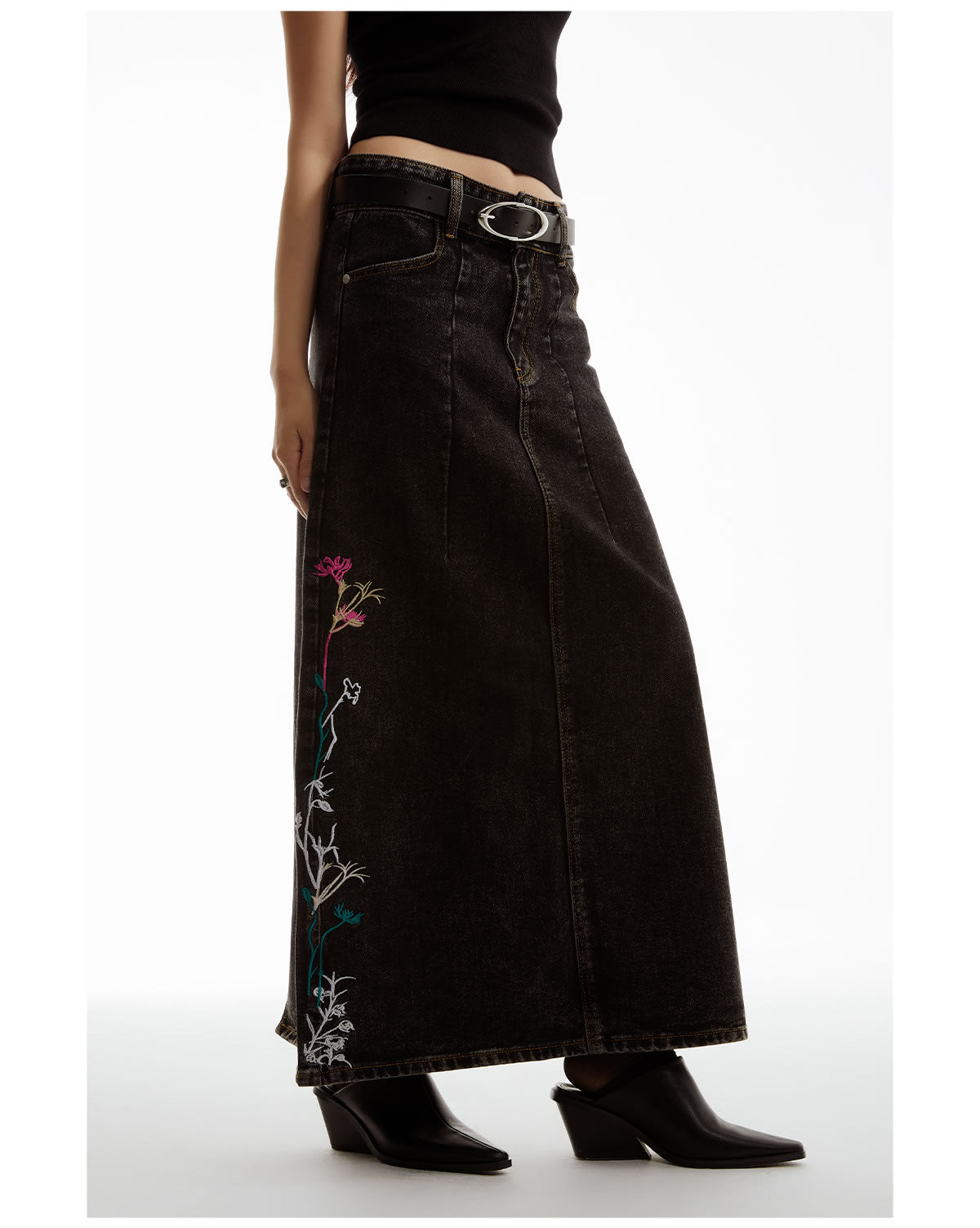 Floral Embroidered Washed Distressed Black Gray Denim Skirt [ID:0159SK]