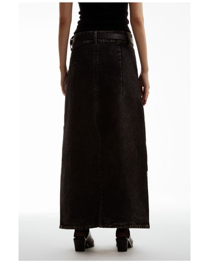 Floral Embroidered Washed Distressed Black Gray Denim Skirt [ID:0159SK]