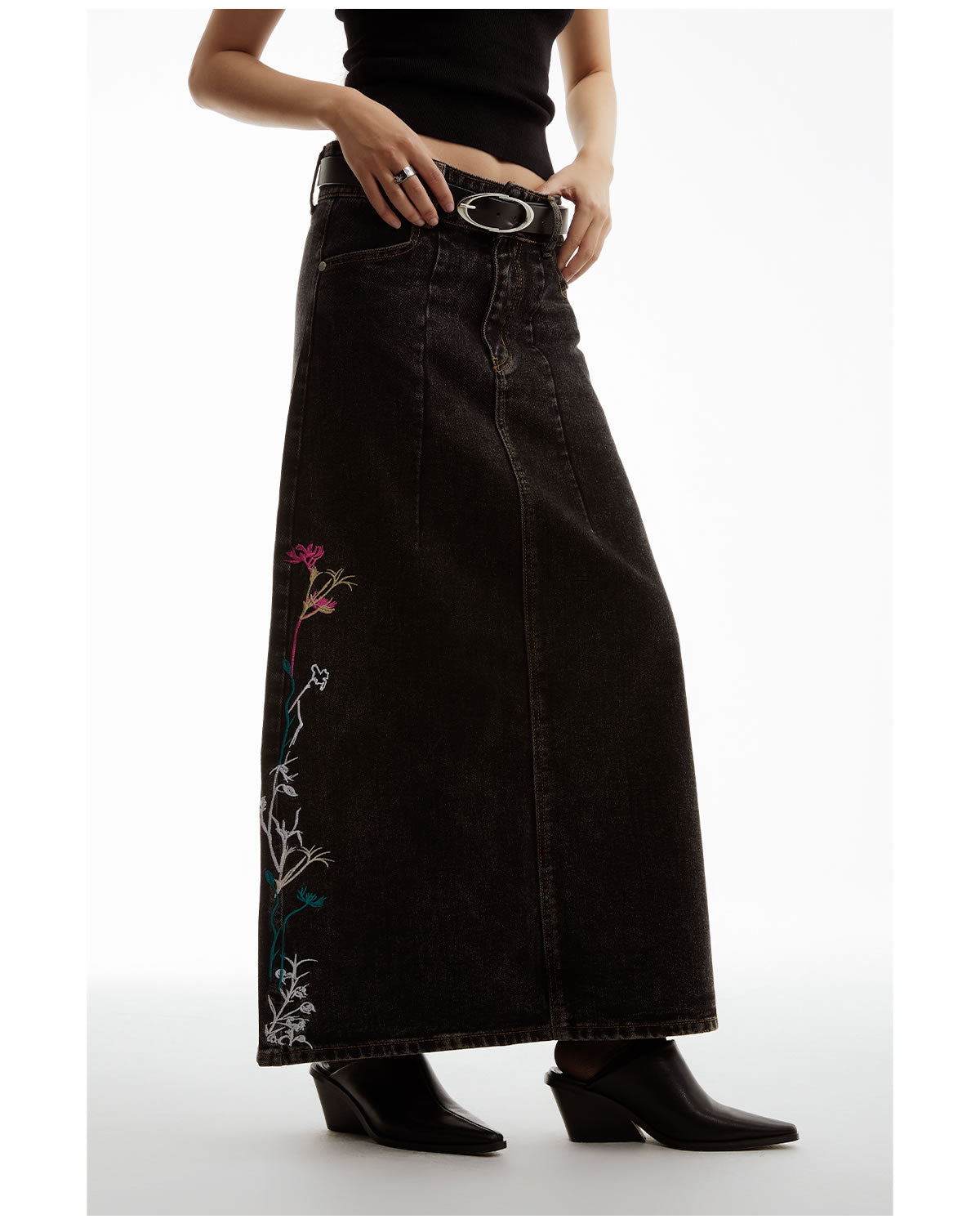 Floral Embroidered Washed Distressed Black Gray Denim Skirt [ID:0159SK]