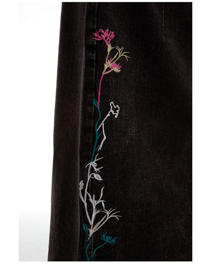 Floral Embroidered Washed Distressed Black Gray Denim Skirt [ID:0159SK]