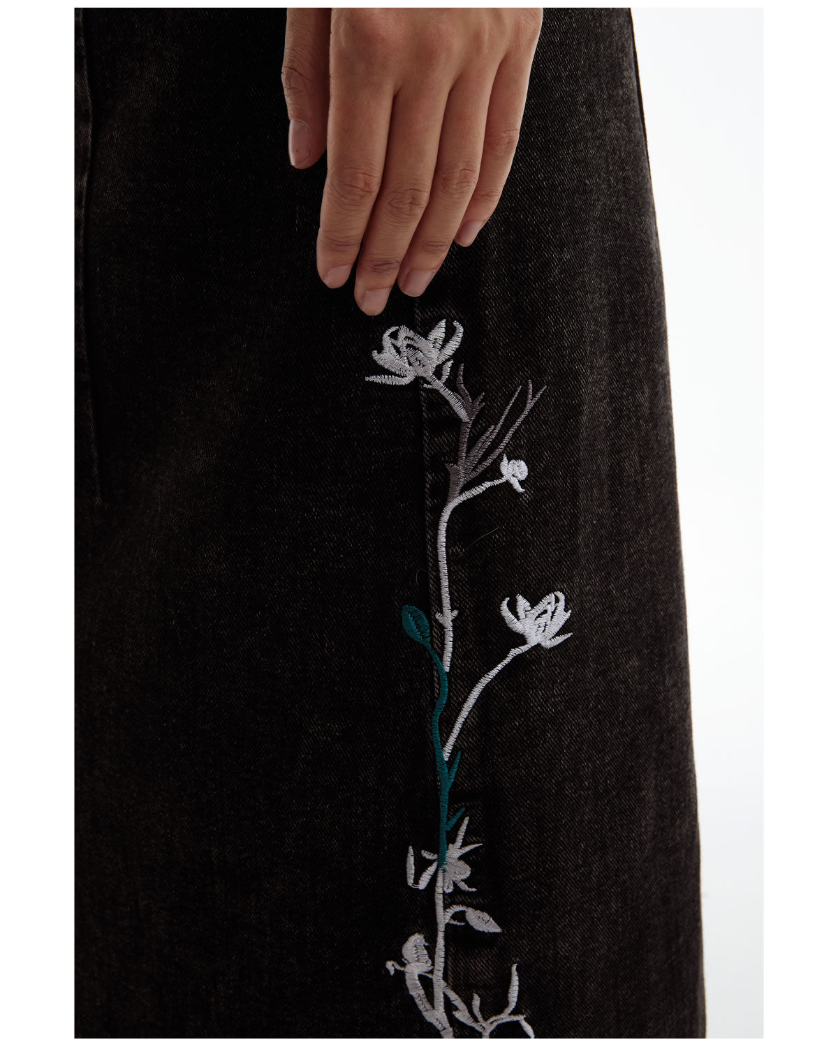 Floral Embroidered Washed Distressed Black Gray Denim Skirt [ID:0159SK]