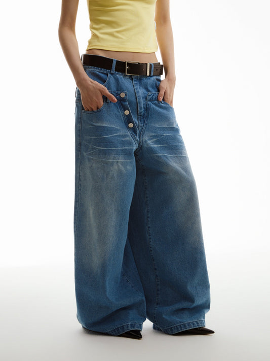 Light Blue Double Waistband Patchwork Wide-Leg Washed Jeans [ID:0160PA]