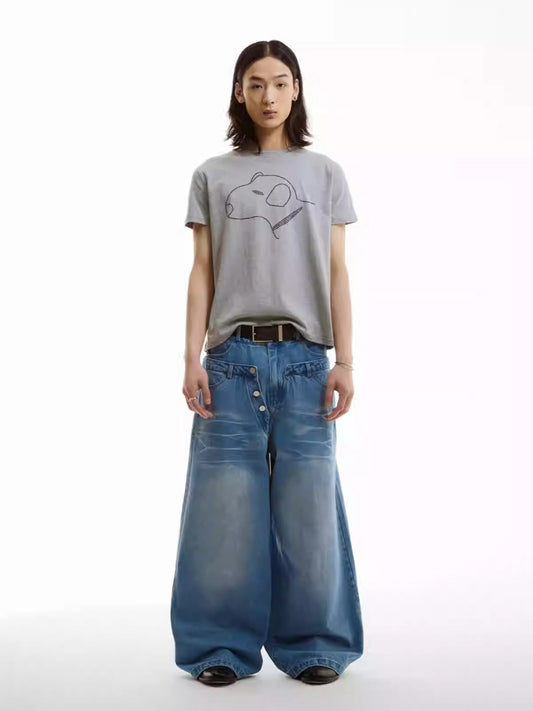 Light Blue Double Waistband Patchwork Wide-Leg Washed Jeans [ID:0160PA]