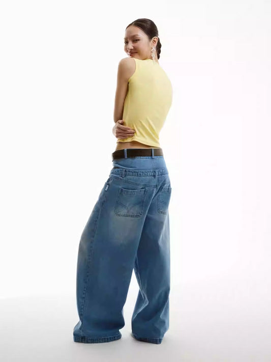 Light Blue Double Waistband Patchwork Wide-Leg Washed Jeans [ID:0160PA]