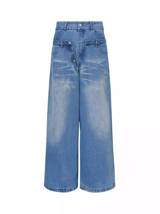 Light Blue Double Waistband Patchwork Wide-Leg Washed Jeans [ID:0160PA]