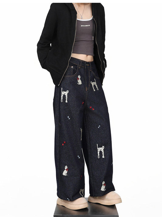 American Retro Dog Patch Embroidered Vintage Straight Jeans [ID:0161PA]