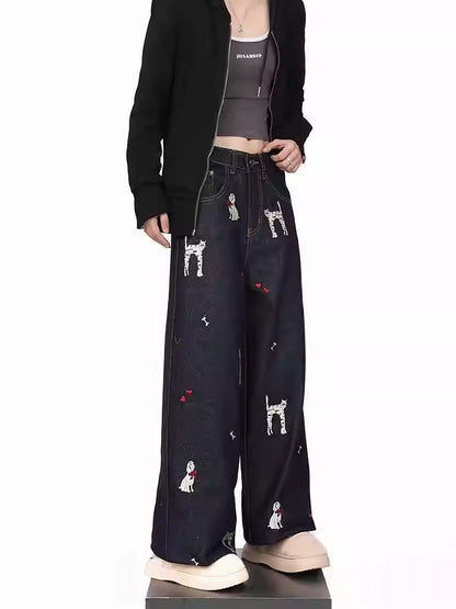 American Retro Dog Patch Embroidered Vintage Straight Jeans [ID:0161PA]