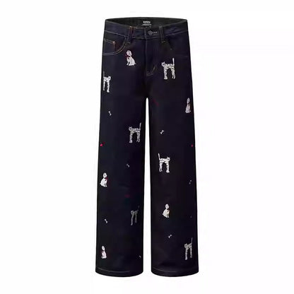 American Retro Dog Patch Embroidered Vintage Straight Jeans [ID:0161PA]