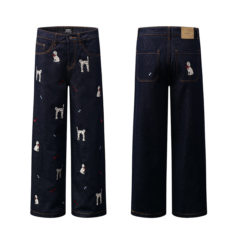 American Retro Dog Patch Embroidered Vintage Straight Jeans [ID:0161PA]