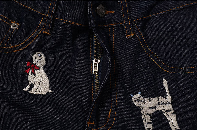 American Retro Dog Patch Embroidered Vintage Straight Jeans [ID:0161PA]