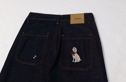 American Retro Dog Patch Embroidered Vintage Straight Jeans [ID:0161PA]