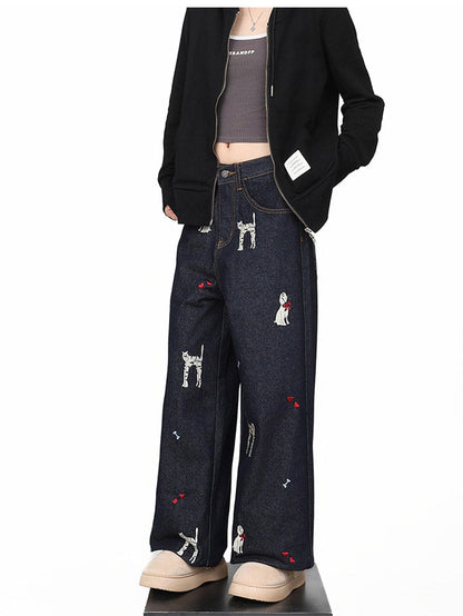 American Retro Dog Patch Embroidered Vintage Straight Jeans [ID:0161PA]