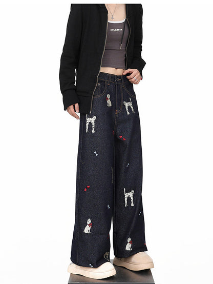 American Retro Dog Patch Embroidered Vintage Straight Jeans [ID:0161PA]