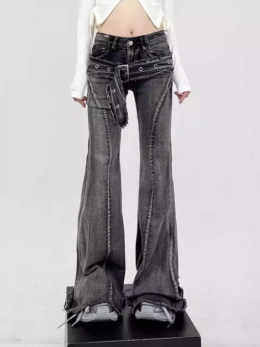 Black Slim-Fit Bootcut Jeans Floor-Length Horseshoe Pants [ID:0162PA]