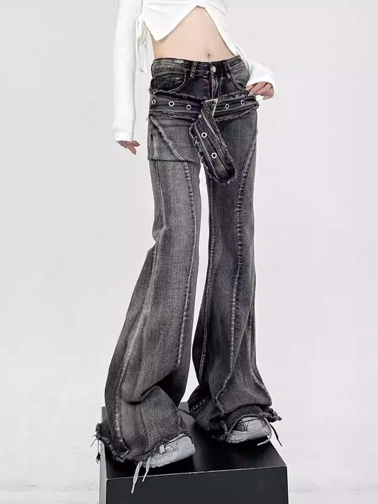 Black Slim-Fit Bootcut Jeans Floor-Length Horseshoe Pants [ID:0162PA]