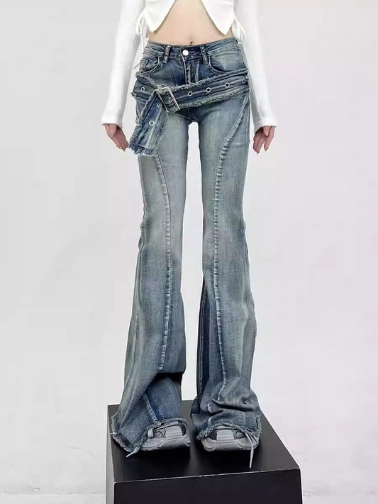 Black Slim-Fit Bootcut Jeans Floor-Length Horseshoe Pants [ID:0162PA]