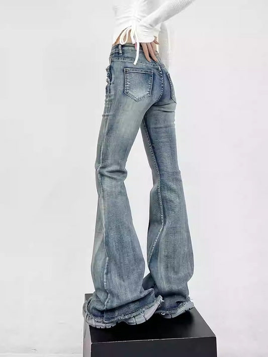 Black Slim-Fit Bootcut Jeans Floor-Length Horseshoe Pants [ID:0162PA]