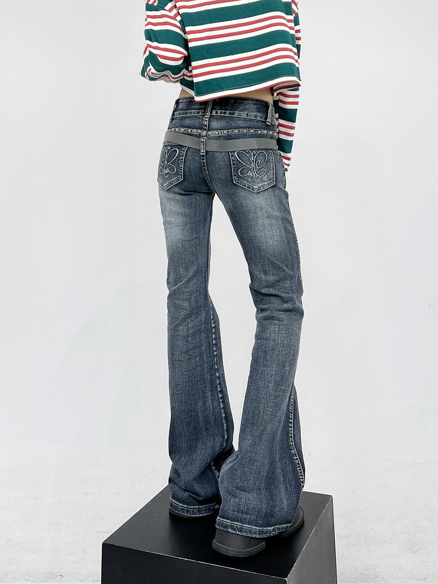 Spring Summer Retro Butterfly Embroidered Bootcut Jeans [ID:0163PA]