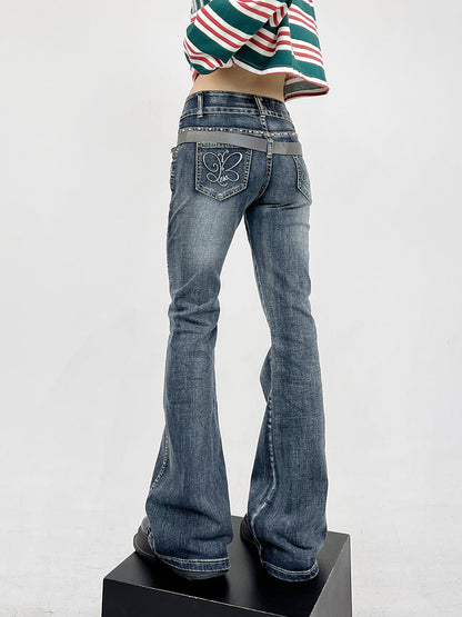 Spring Summer Retro Butterfly Embroidered Bootcut Jeans [ID:0163PA]