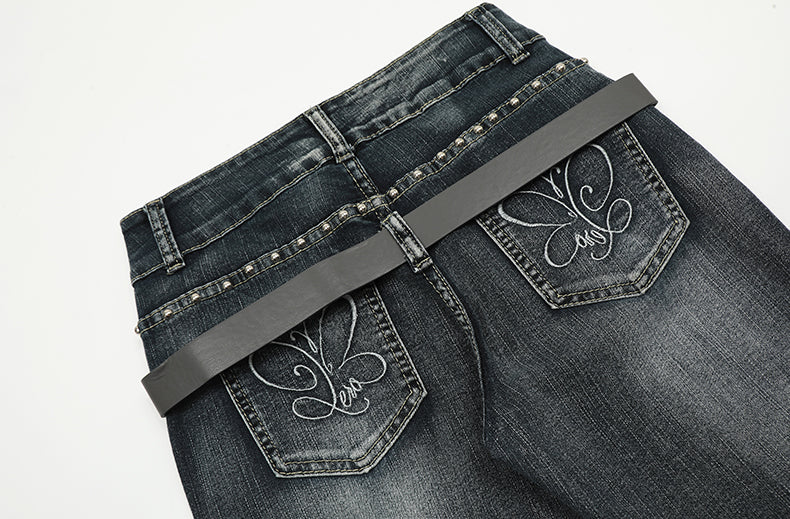 Spring Summer Retro Butterfly Embroidered Bootcut Jeans [ID:0163PA]