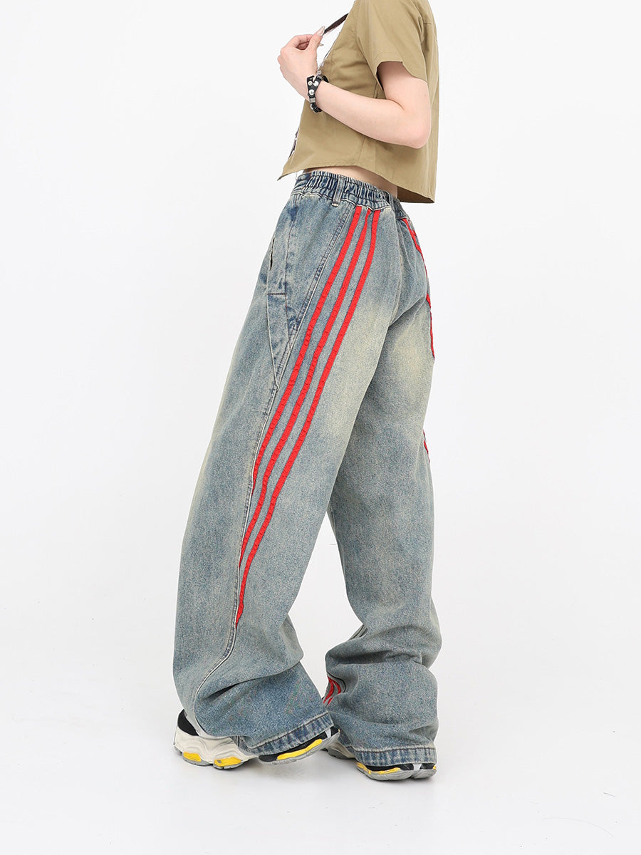 Patchwork Stripe Wide-Leg Workwear Distressed Pants [ID:0165PA]