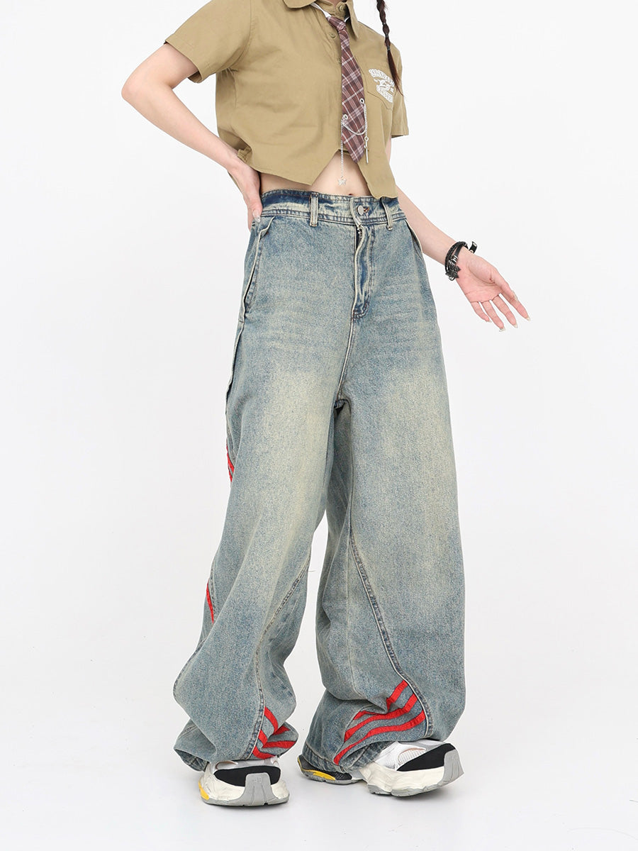 Patchwork Stripe Wide-Leg Workwear Distressed Pants [ID:0165PA]